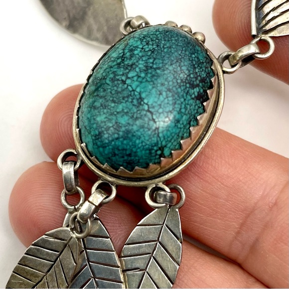 Vtg Genuine Spiderweb Turquoise 925 Sterling Silver Bib Necklace NA - Picture 4 of 9